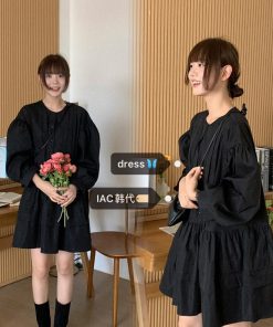 Luxury Dark Pleated Button Cake Dress - Elegant Korean Style Party Dress for Chic Evening Looks