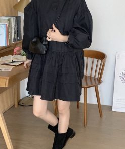 Luxury Dark Pleated Button Cake Dress - Elegant Korean Style Party Dress for Chic Evening Looks