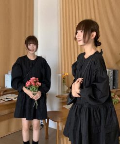 Luxury Dark Pleated Button Cake Dress - Elegant Korean Style Party Dress for Chic Evening Looks