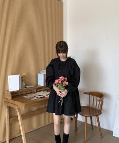 Luxury Dark Pleated Button Cake Dress - Elegant Korean Style Party Dress for Chic Evening Looks