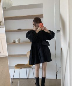 Luxury Dark Pleated Button Cake Dress - Elegant Korean Style Party Dress for Chic Evening Looks