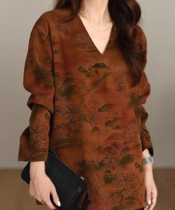 Luxury Heavyweight Xiangyun Silk V-Neck Reversible Long Sleeve Shirt - Retro National Style Chinese Long Top