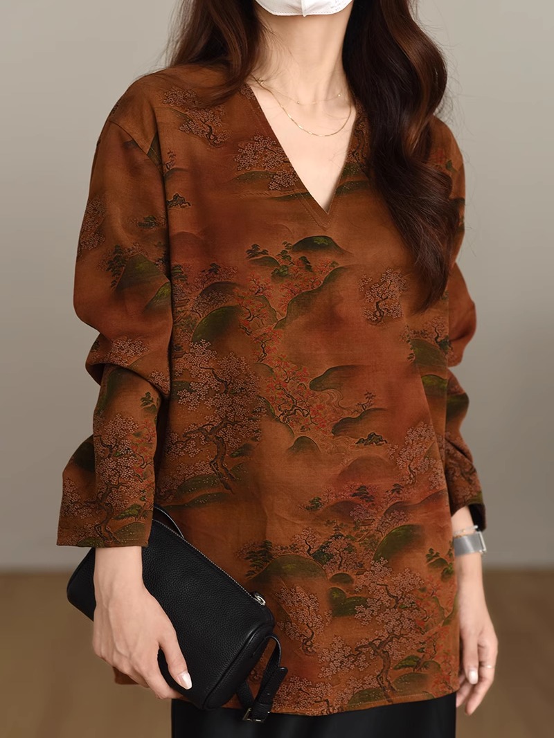 Luxury Heavyweight Xiangyun Silk V-Neck Reversible Long Sleeve Shirt - Retro National Style Chinese Long Top Luxury Heavyweight Xiangyun Silk V-Neck Reversible Long Sleeve Shirt - Retro National Style Chinese Long Top