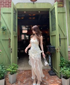 Luxury Korean Women's Floral Lace Slip Dress - Waist-Defining Slimming Long Dress for Summer Elegance