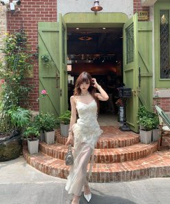 Luxury Korean Women's Floral Lace Slip Dress - Waist-Defining Slimming Long Dress for Summer Elegance