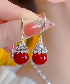 Luxury Micro-Inlaid Red Teardrop Earrings - High-End Festive Ear Pendants for Autumn Winter 2025, Perfect for Zodiac Celebrations