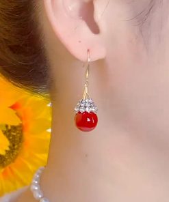 Luxury Micro-Inlaid Red Teardrop Earrings - High-End Festive Ear Pendants for Autumn Winter 2025, Perfect for Zodiac Celebrations