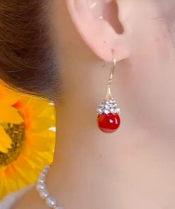 Luxury Micro-Inlaid Red Teardrop Earrings - High-End Festive Ear Pendants for Autumn Winter 2025, Perfect for Zodiac Celebrations