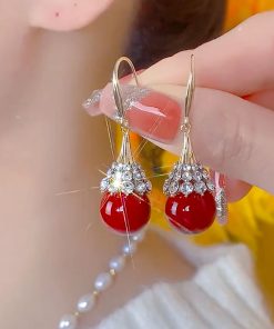 Luxury Micro-Inlaid Red Teardrop Earrings - High-End Festive Ear Pendants for Autumn Winter 2025, Perfect for Zodiac Celebrations