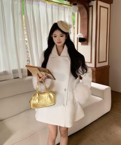 Luxury Mid-Length Wool Coat for Women - Snow White High-End Overcoat for Autumn & Winter Fashion