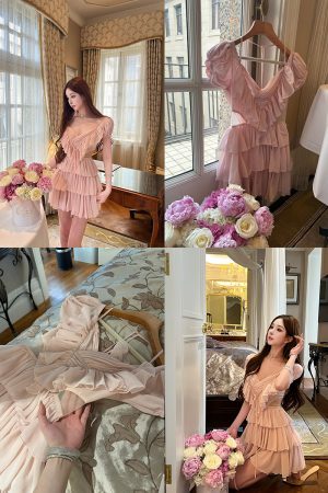 Lychee Rose Deep V Dress - Summer Cake Style, Waist-Exposing Design, High-End Feel, Socialite Fashion for Women