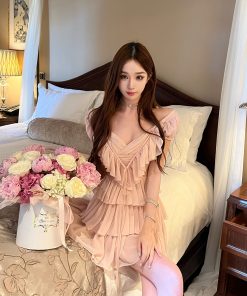 Lychee Rose Deep V Dress - Summer Cake Style, Waist-Exposing Design, High-End Feel, Socialite Fashion for Women