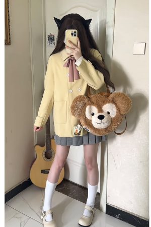 Magical Girl Pudding Bear Short Trench Coat - Youthful JK Uniform for Petite - Early Autumn College Style