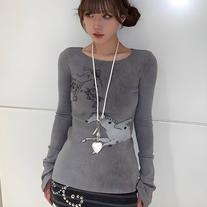 Mall Outfit Inspo, Korean College Outfits Casual - Y2K White Horse Ribbed Top Mall Outfit Inspo, Korean College Outfits Casual - Y2K White Horse Ribbed Top