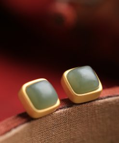 Matte High-End Square Hetian Jade and Blue Sugar Cube Pure Silver Stud Earrings for Women - Luxury Statement Jewelry
