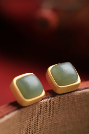 Matte High-End Square Hetian Jade and Blue Sugar Cube Pure Silver Stud Earrings for Women - Luxury Statement Jewelry