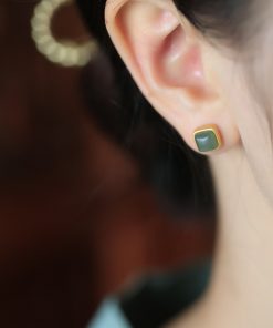 Matte High-End Square Hetian Jade and Blue Sugar Cube Pure Silver Stud Earrings for Women - Luxury Statement Jewelry