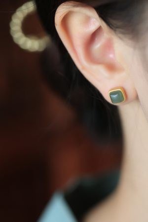 Matte High-End Square Hetian Jade and Blue Sugar Cube Pure Silver Stud Earrings for Women - Luxury Statement Jewelry