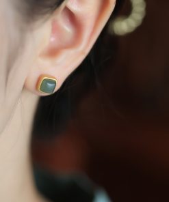 Matte High-End Square Hetian Jade and Blue Sugar Cube Pure Silver Stud Earrings for Women - Luxury Statement Jewelry