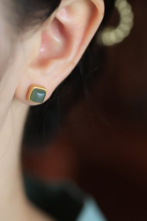 Matte High-End Square Hetian Jade and Blue Sugar Cube Pure Silver Stud Earrings for Women - Luxury Statement Jewelry