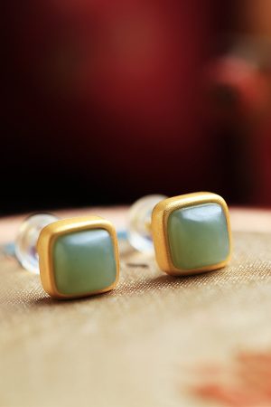 Matte High-End Square Hetian Jade and Blue Sugar Cube Pure Silver Stud Earrings for Women - Luxury Statement Jewelry