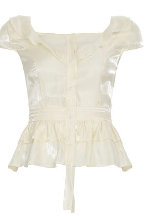 Medieval French Style Sweet Sexy V-Neck T-Shirt with Ruffled Waist â€“ Versatile Fashion Top for Y2K and Boho Looks