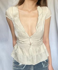 Medieval French Style Sweet Sexy V-Neck T-Shirt with Ruffled Waist – Versatile Fashion Top for Y2K and Boho Looks