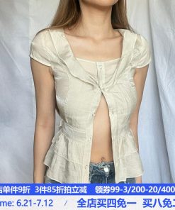 Medieval French Style Sweet Sexy V-Neck T-Shirt with Ruffled Waist – Versatile Fashion Top for Y2K and Boho Looks