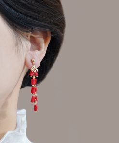 Medium-Length Red Firecracker Earrings for New Year, Unique National Style Design for 2025 Celebrations