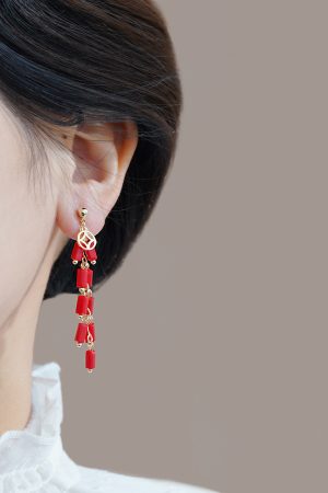 Medium-Length Red Firecracker Earrings for New Year, Unique National Style Design for 2025 Celebrations