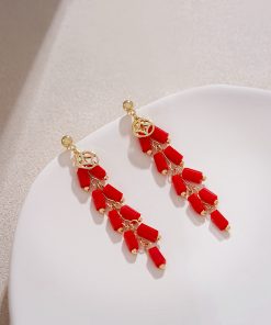 Medium-Length Red Firecracker Earrings for New Year, Unique National Style Design for 2025 Celebrations