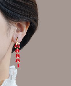 Medium-Length Red Firecracker Earrings for New Year, Unique National Style Design for 2025 Celebrations