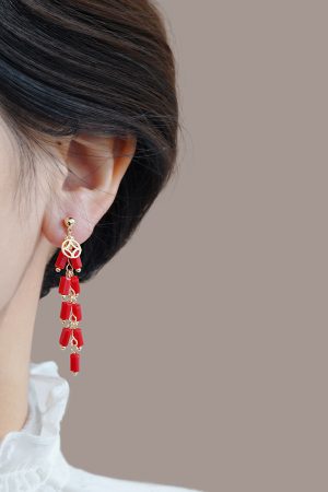 Medium-Length Red Firecracker Earrings for New Year, Unique National Style Design for 2025 Celebrations