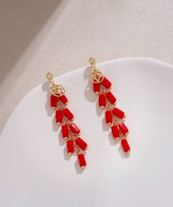 Medium-Length Red Firecracker Earrings for New Year, Unique National Style Design for 2025 Celebrations