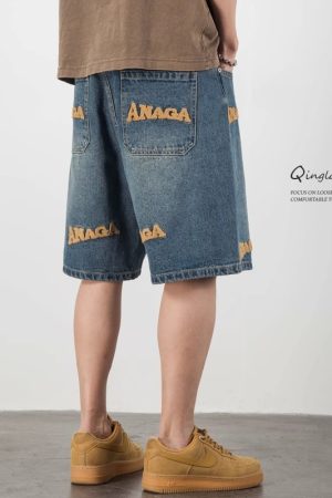 Men's American High Street Embroidered Denim Shorts - Trendy Loose Straight Five-Point Casual Summer Shorts in Large Size