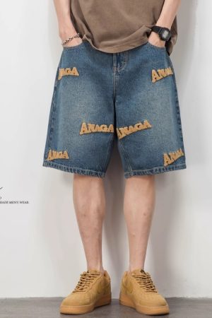 Men's American High Street Embroidered Denim Shorts - Trendy Loose Straight Five-Point Casual Summer Shorts in Large Size