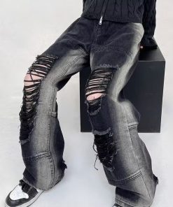 Men's American High Street Ripped Jeans, Trendy Loose Straight Pants, Versatile Wide-Leg Long Trousers for Summer Style