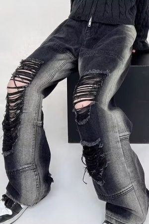 Men's American High Street Ripped Jeans, Trendy Loose Straight Pants, Versatile Wide-Leg Long Trousers for Summer Style