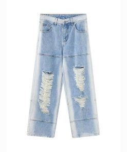 Men's American High Street Ripped Jeans, Trendy Loose Straight Pants, Versatile Wide-Leg Long Trousers for Summer Style
