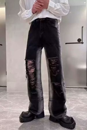 Men's American High Street Ripped Jeans, Trendy Loose Straight Pants, Versatile Wide-Leg Long Trousers for Summer Style