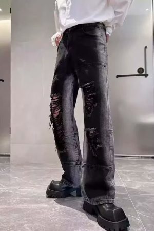 Men's American High Street Ripped Jeans, Trendy Loose Straight Pants, Versatile Wide-Leg Long Trousers for Summer Style