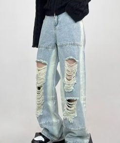 Men's American High Street Ripped Jeans, Trendy Loose Straight Pants, Versatile Wide-Leg Long Trousers for Summer Style