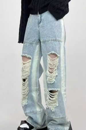 Men's American High Street Ripped Jeans, Trendy Loose Straight Pants, Versatile Wide-Leg Long Trousers for Summer Style