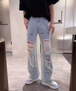 Men's American High Street Ripped Jeans, Trendy Loose Straight Pants, Versatile Wide-Leg Long Trousers for Summer Style