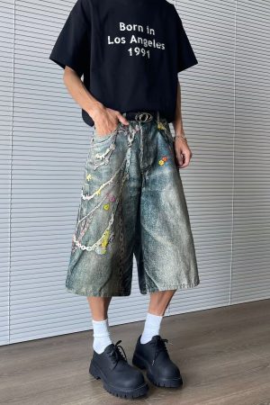 Men's American Retro 3D Digital Printed Denim Shorts - Loose Cropped Summer Streetwear