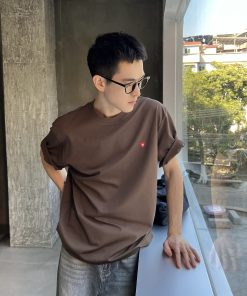 Men's American Retro Solid Color Short Sleeve T-Shirt with Heart Embroidery - Versatile Summer Trendy Half Sleeve Top