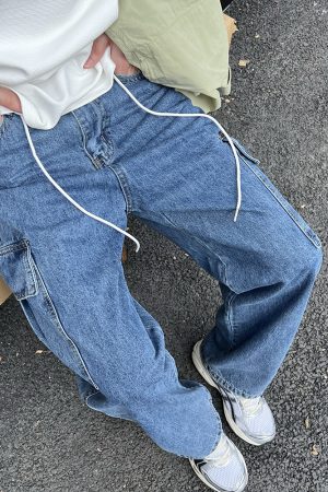 Men's American Street Style Denim Pants, Trendy Casual Loose Straight-Leg Workwear Trousers for a 90s Y2K Look