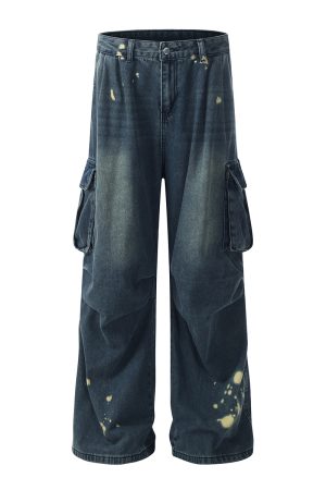 Men's American Street Style Spray Paint Workwear Jeans, Wide-Leg Straight Pants with Large Pockets, High Street Fashion