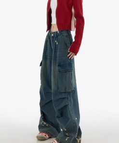 Men's American Street Style Spray Paint Workwear Jeans, Wide-Leg Straight Pants with Large Pockets, High Street Fashion