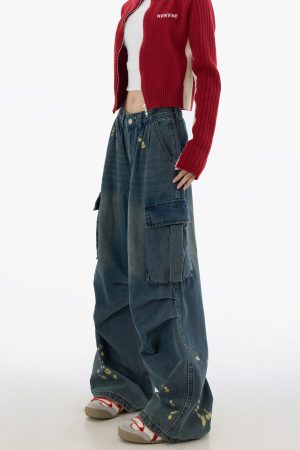 Men's American Street Style Spray Paint Workwear Jeans, Wide-Leg Straight Pants with Large Pockets, High Street Fashion